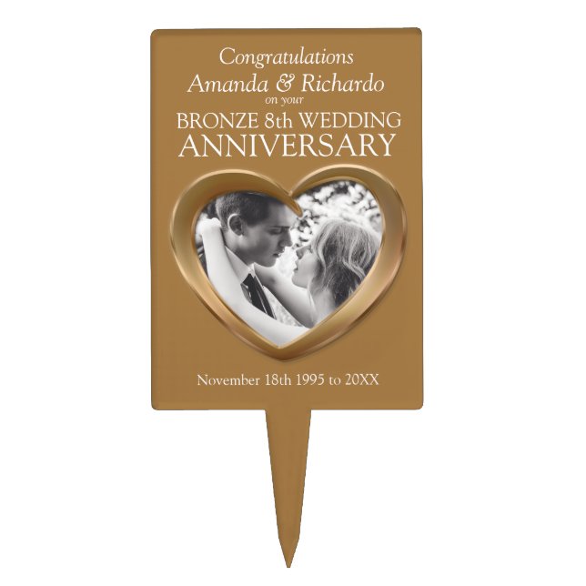 Bronze wedding anniversary heart 8 years photo cake topper (Front)