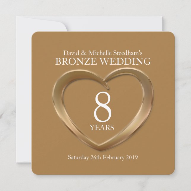 Bronze wedding heart 8 years party invite (Front)