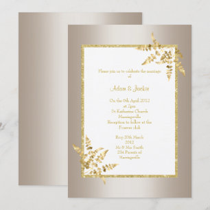 BRONZE WHITE GOLD LEAF ELEGANT CLASSY WEDDING INVITATION
