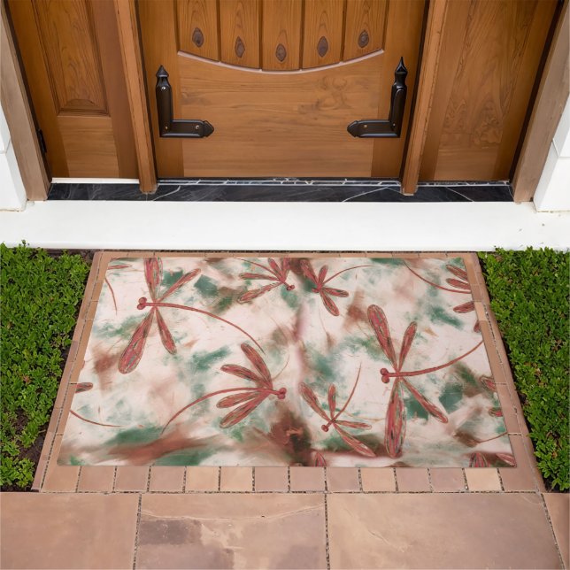 Bronze Winged Dragonflies Green Splash Doormat (Outdoor)