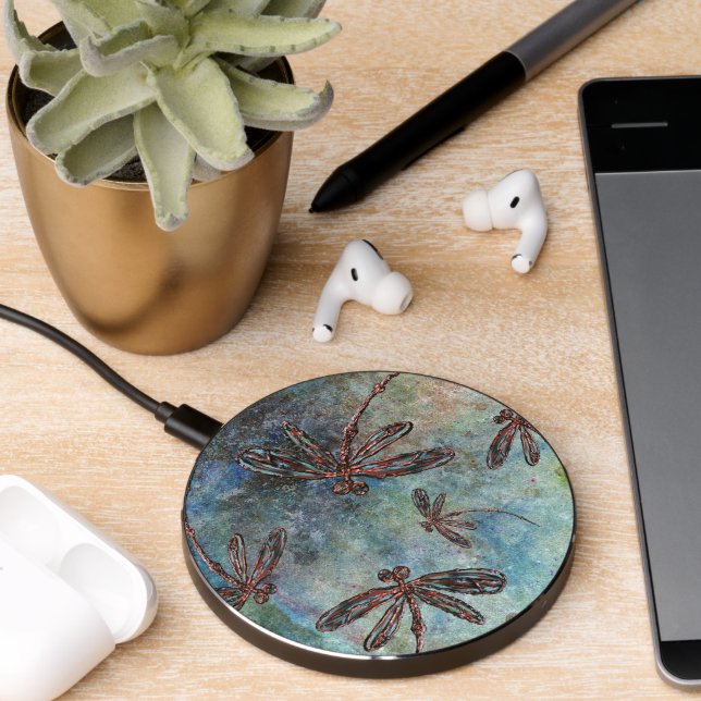 Bronze Winged Dragonflies on a Magical Starry Sky Wireless Charger (Desk 2)