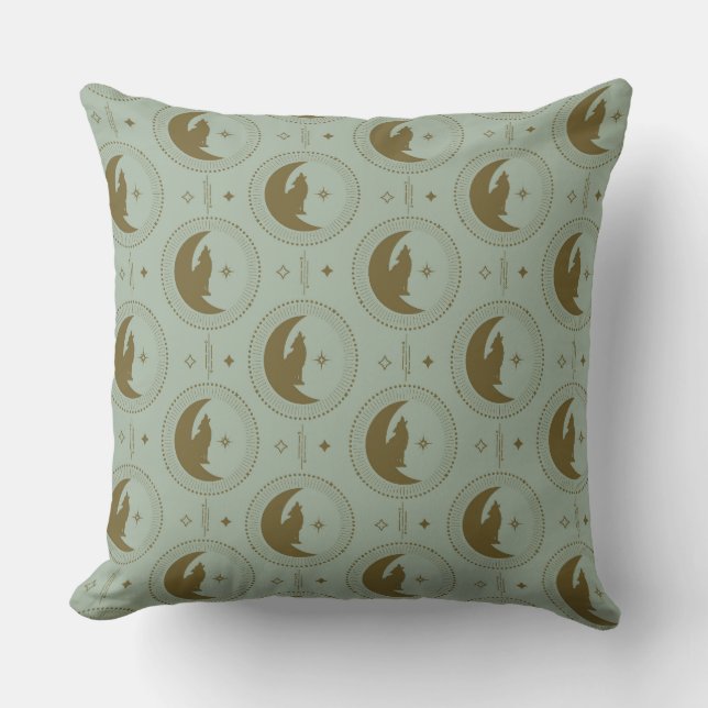 Bronze Wolf on Moon and Stars on a Green Pillow (Front)
