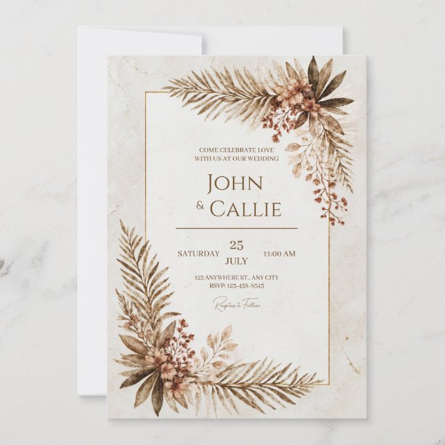 Bronzed Palm Leaf Sepia Gold Frame Wedding Invitation (Front)