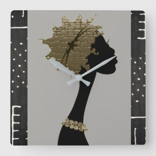 Bronzed Timekeeper: Afrocentric Silhouette Square Wall Clock