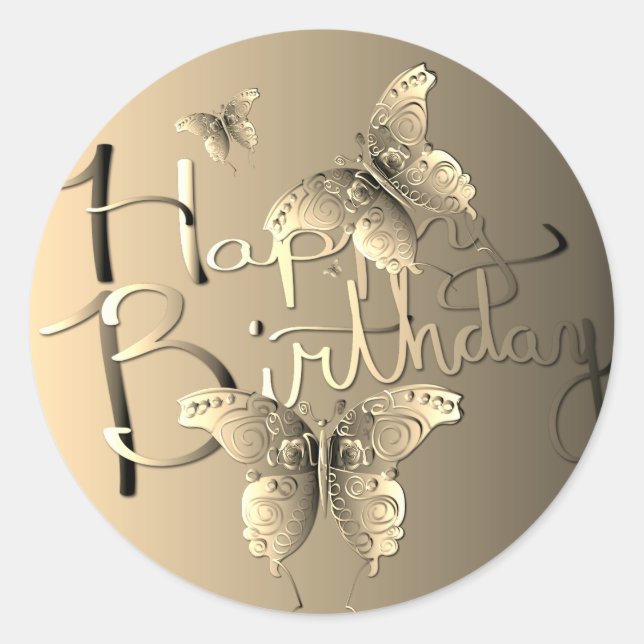 Bronzy Butterfly"Happy Birthday!" Classic Round Sticker (Front)