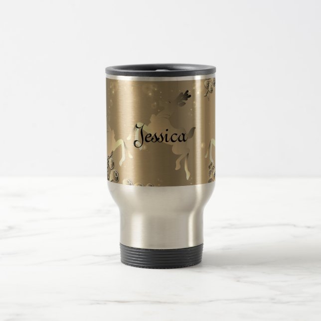 Bronzy Reindeer and Snowflakes Name Travel Mug (Center)