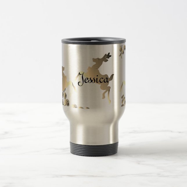 Bronzy Reindeer and Snowflakes Name Travel Mug (Center)