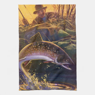 Brook Trout Fish Fisherman, Vintage Sports Fishing Kitchen Towel