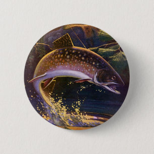 Brook Trout Fish Fisherman, Vintage Sports Fishing Pinback Button