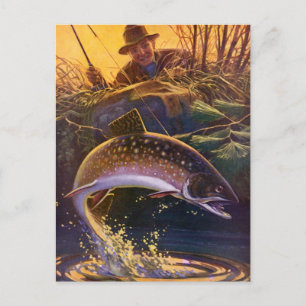 Brook Trout Fish Fisherman, Vintage Sports Fishing Postcard