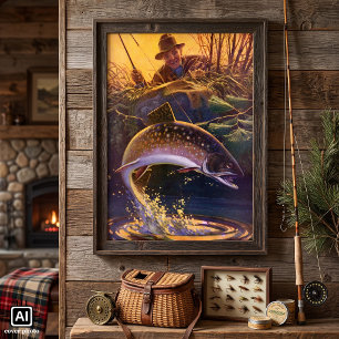 Brook Trout Fish Fisherman, Vintage Sports Fishing Poster