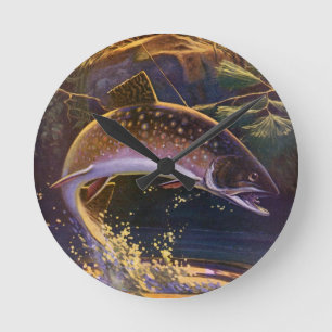 Brook Trout Fish Fisherman, Vintage Sports Fishing Round Clock