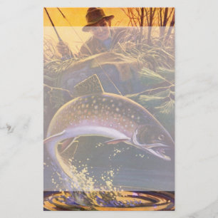 Brook Trout Fish Fisherman, Vintage Sports Fishing Stationery