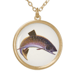 Brook Trout Fish, Vintage Sports Fishing Fisherman Gold Plated Necklace