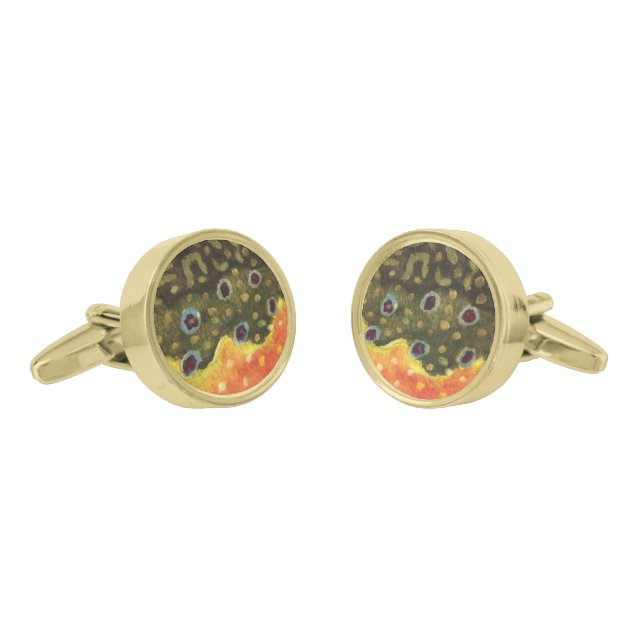 Brook Trout Fly Fishing Gold Cufflinks (Angled)