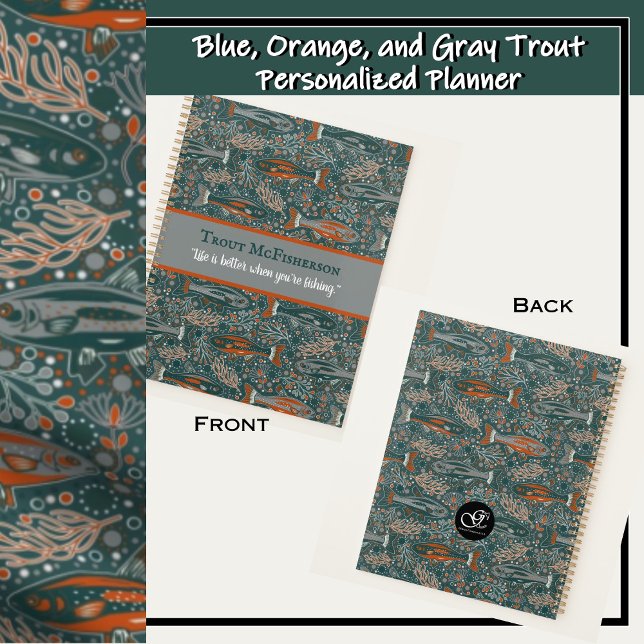 Brook Trout Freshwater Fish Blue Orange Gray Planner (Awesome trout fish design in shades of blue, gray, orange and white -official freshwater fish of NH)