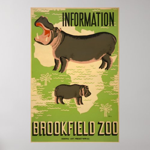 Brookfield Zoo Hippo Vintage WPA Poster