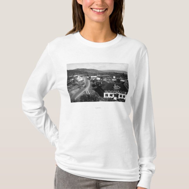 Brookings, Oregon Town View and Ocean Photograph T-Shirt (Front)