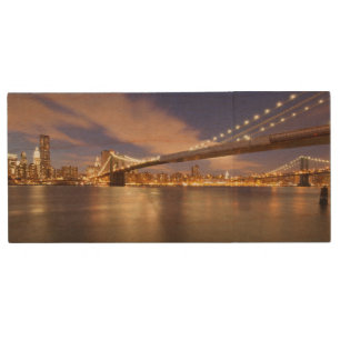 Brooklyn Bridge and Manhattan at Night. Wood USB Flash Drive