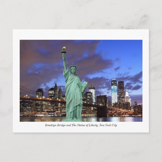 Brooklyn Bridge and The Statue of Liberty at Night Postcard (Front)