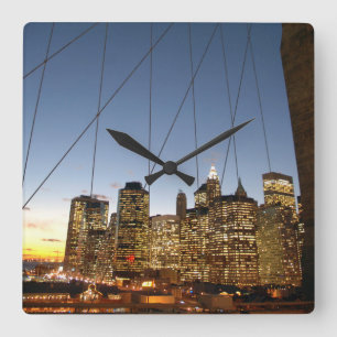Brooklyn Bridge At Dusk With Manhattan Skyline Square Wall Clock