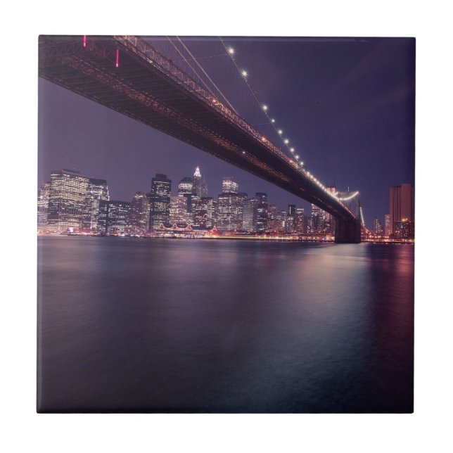 Brooklyn Bridge at Night, Manhattan Lights, NYC Ceramic Tile (Front)