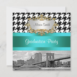Brooklyn Bridge Blk Wht Houndstooth 2 Graduation Invitation