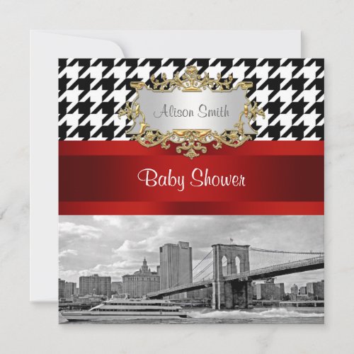 Brooklyn Bridge Blk Wht Houndstooth Baby Shower Invitation