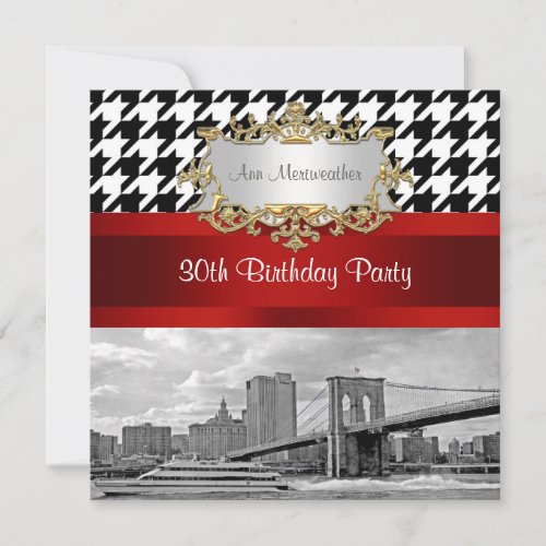 Brooklyn Bridge Blk Wht Houndstooth Birthday Party Invitation