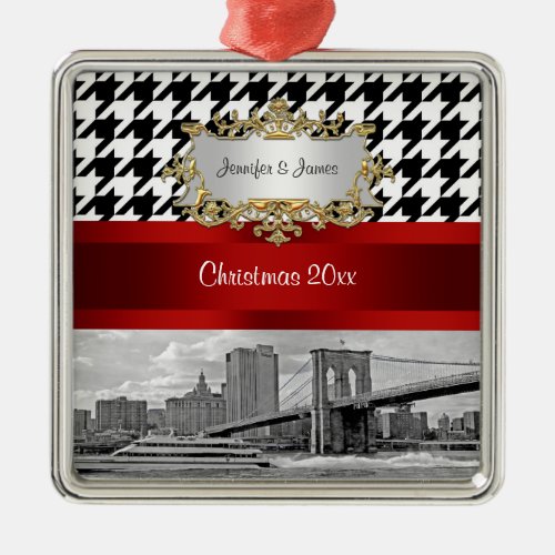 Brooklyn Bridge Blk Wht Houndstooth Christmas Metal Ornament