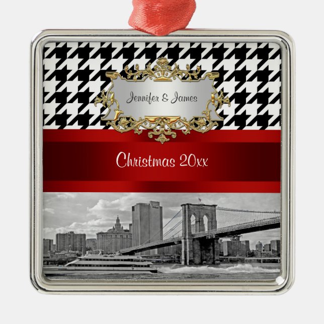 Brooklyn Bridge Blk Wht Houndstooth Christmas Metal Ornament (Front)