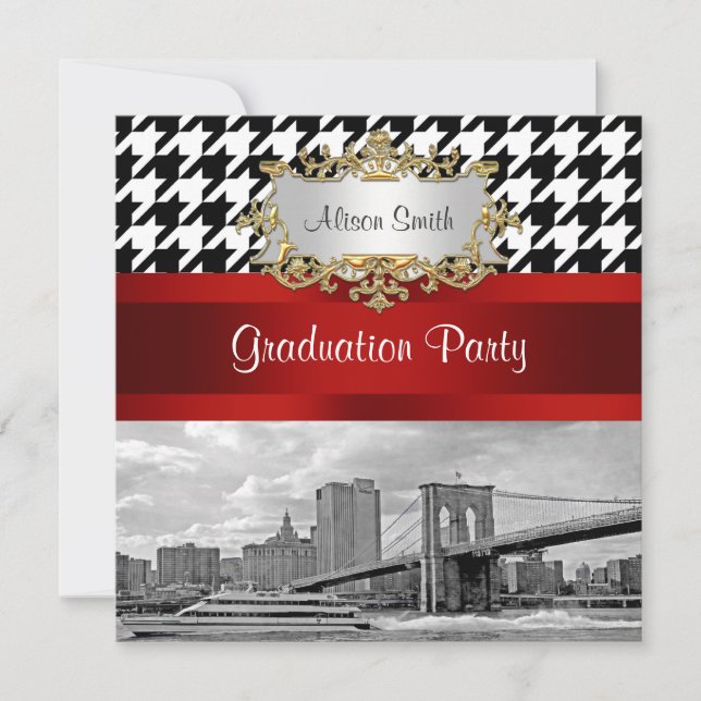 Brooklyn Bridge Blk Wht Houndstooth Graduation Invitation (Front)