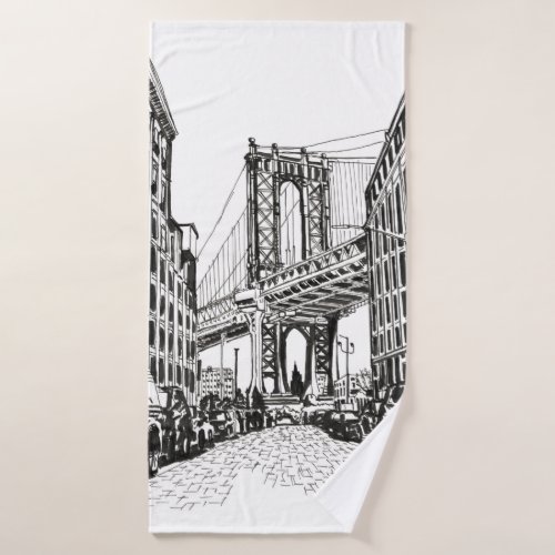 Brooklyn Bridge New York Black White Illustration Bath Towel