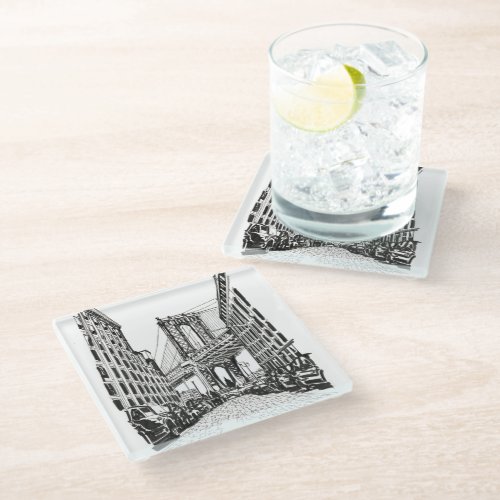 Brooklyn Bridge New York Black White Illustration Glass Coaster