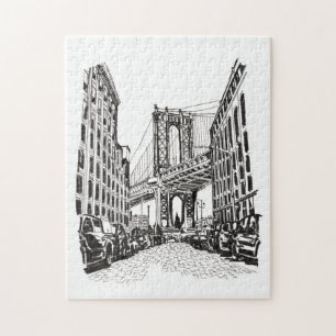 Brooklyn Bridge New York Black White Illustration Jigsaw Puzzle
