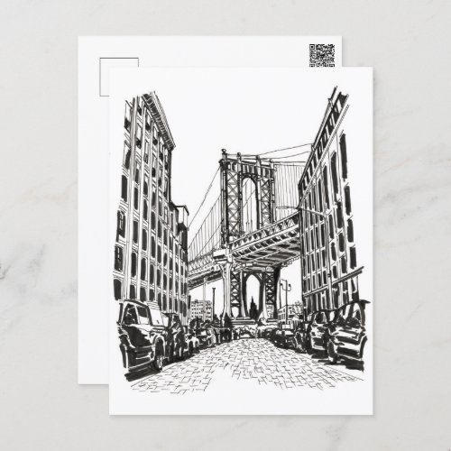 Brooklyn Bridge New York Black White Illustration Postcard