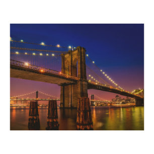Brooklyn Bridge, New York City at Night Wood Wall Art
