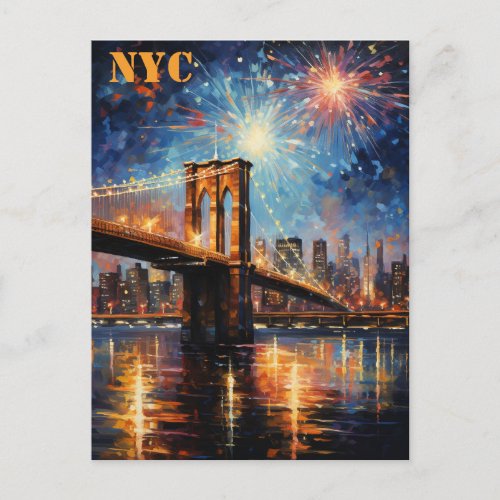 Brooklyn Bridge New York City Fireworks Travel Postcard