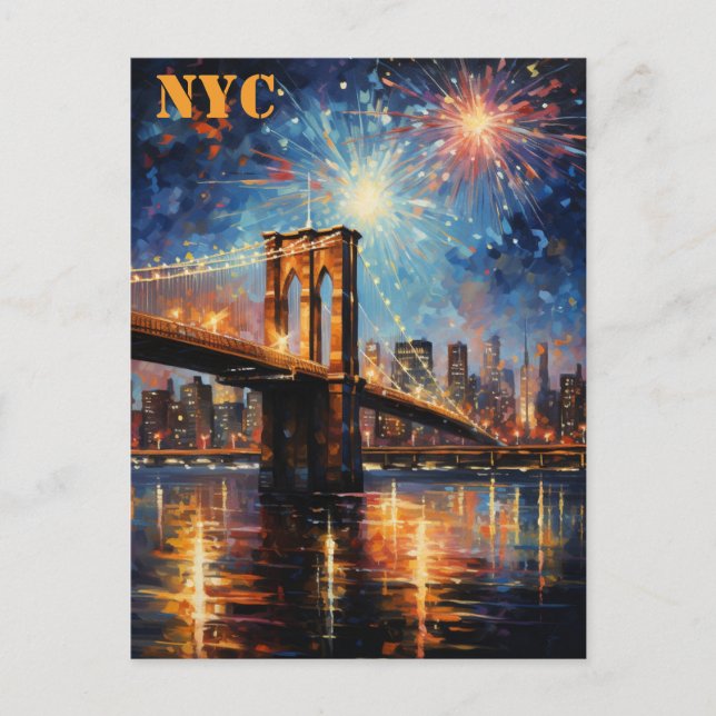 Brooklyn Bridge New York City Fireworks Travel Postcard (Front)
