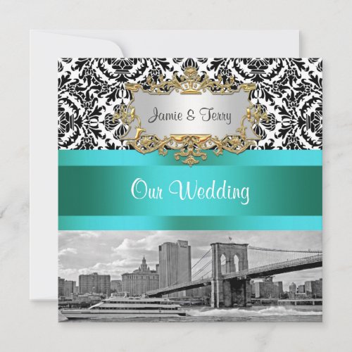 Brooklyn Bridge NYC Black White Damask Wedding Invitation