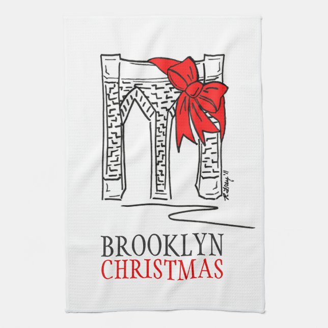 Brooklyn Bridge Red Bow New York City Christmas  Towel (Vertical)