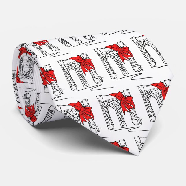 Brooklyn Bridge Red Bow NYC New York Christmas Tie (Rolled)