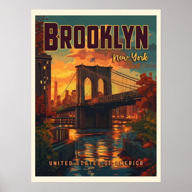Brooklyn Bridge Sunrise - A Vintage Travel  Poster (Front)