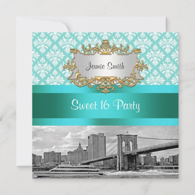Brooklyn Bridge Turquoise White Damask Sweet 16 Invitation (Front)