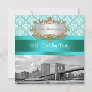 Brooklyn Bridge Turquoise Wht Damask Birthday Invitation