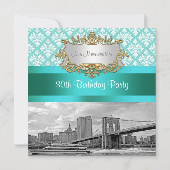 Brooklyn Bridge Turquoise Wht Damask Birthday Invitation (Front)