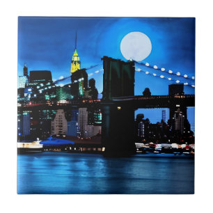 Brooklyn Bridge Under a Full Moon Ceramic Tile