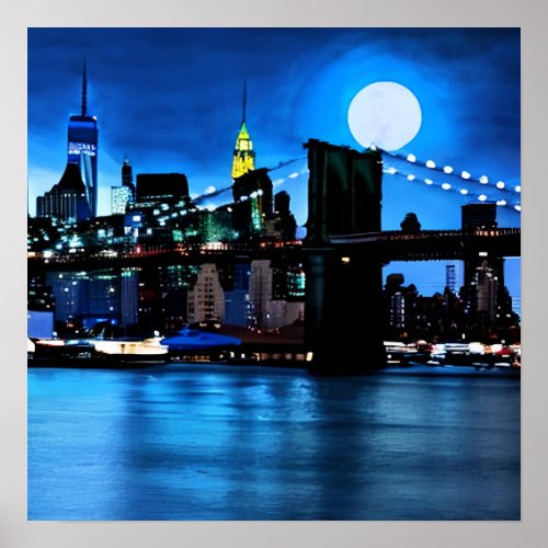 Brooklyn Bridge Under a Full Moon  Poster