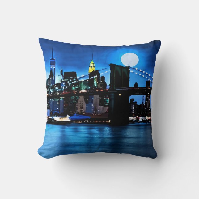 Brooklyn Bridge Under a Full Moon  Throw Pillow (Front)