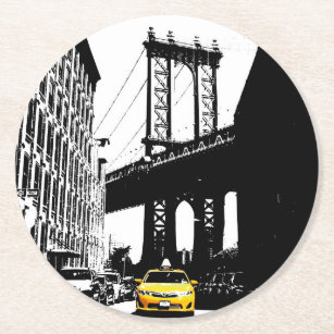 Brooklyn Bridge Yellow Taxi Nyc New York City Round Paper Coaster